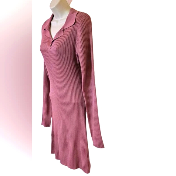 LOVE TREE Pink Mauve Ribbed, Collared Long Sleeve Dress, Size Large - Picture 3 of 16